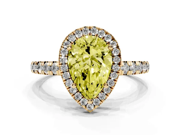 Fancy Yellow Pear Cut Diamond Halo Ring with Pavé Band and Four-Prong Setting Yellow gold