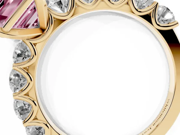 Fancy Pink Asscher Cut Diamond Prong Setting with Side Stones on a Pave Band Yellow gold