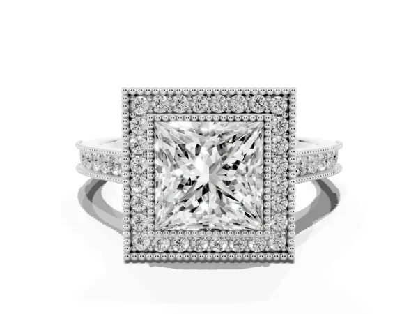 Halo Princess Cut-Cut Diamond Pave Band Milgrain Prong Setting Ring Platinum