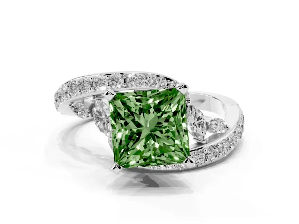 Fancy Green Princess Cut Solitaire with Pavé Twist Band and Four-Prong Setting White gold