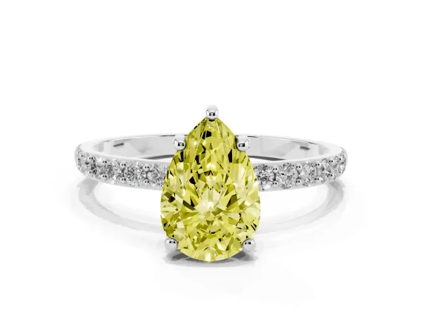 Fancy Yellow Pear Cut Diamond Solitaire Ring with Round Pavé Band and Prong Setting White gold