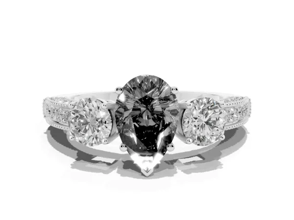 Fancy Black Pear Cut Three-Stone Diamond Ring with Pavé Band and Four-Prong Setting Platinum