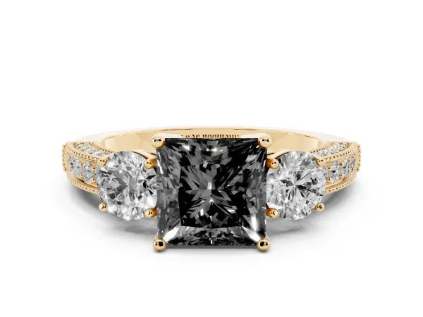 Fancy Black Princess Cut Three-Stone Diamond Ring with Pavé Band and Four-Prong Setting Yellow gold