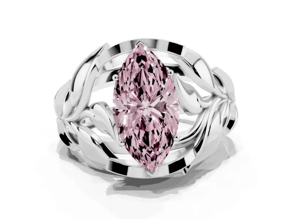 Fancy Pink Marquise Cut Diamond Leaf-Inspired Engagement Ring with Round Accents and Prong Setting White gold