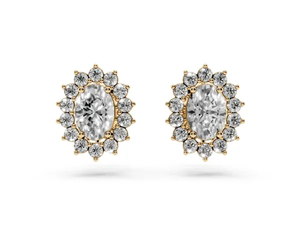 Oval Diamond Floral Halo Stud Earrings Yellow gold