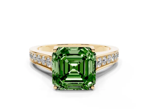 Fancy Green Asscher Cut Brilliant Cut Diamond Engagement Ring with Pavé Band and Four-Prong Setting Yellow gold