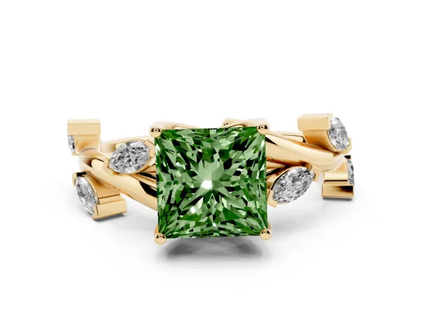 Fancy Green Princess Cut Solitaire Twisted Band Marquise Accent Prong Setting Ring Yellow gold