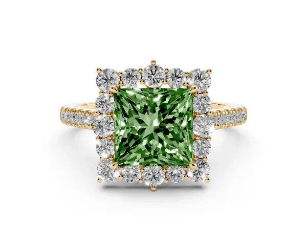 Fancy Green Princess Cut Halo Diamond Ring with Pavé Band and Prong Setting Yellow gold