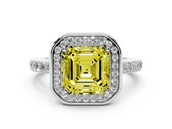 Fancy Yellow Asscher Cut Diamond Halo Ring with Bezel Frame and Pavé Band White gold