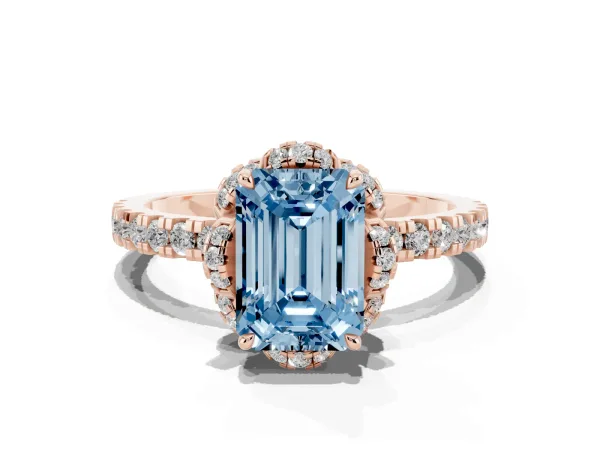 Fancy Blue Emerald Cut Diamond Halo Pave Band with Four-Prong Setting Rose gold