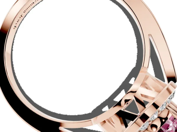 Fancy Pink Round Cut Diamond Halo Ring with Split Shank and Four-Prong Setting Rose gold