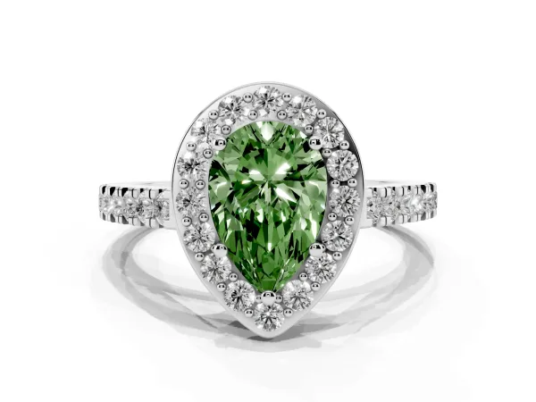Fancy Green Pear Cut Diamond Halo Ring with Round Pavé Split Shank and Prong Setting White gold