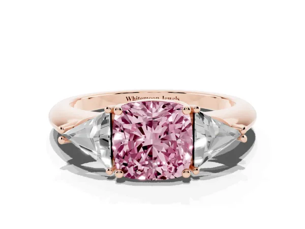 Fancy Pink Three-Stone Cushion Cut Diamond Engagement Ring with Trillion Side Stones and Prong Setting Rose gold