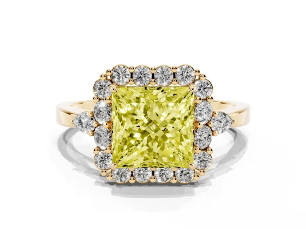 Fancy Yellow Princess Cut Diamond Halo Ring with Pear Side Stones and Prong Setting Yellow gold