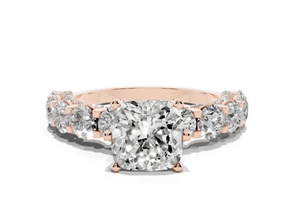 Cushion Cut Diamond Side Stone Engagement Ring with Four-Prong Setting Rose gold