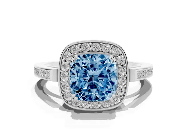Fancy Blue Cushion Cut Diamond Halo Ring with Split Shank and Four-Prong Setting Platinum
