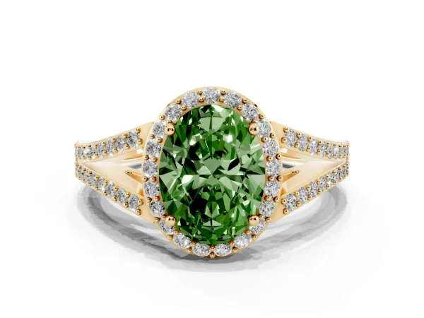 Fancy Green Oval Cut Halo Split Shank Diamond Ring with Prong Setting Yellow gold
