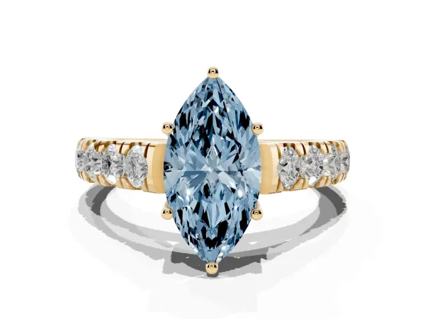 Fancy Blue Marquise Cut Cut Diamond Solitaire Ring with Micro Pave Band and Prong Setting Yellow gold