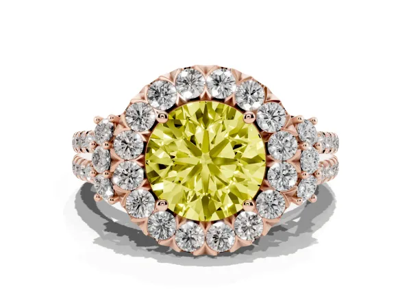 Fancy Yellow Round Cut Cut Double Halo Diamond Engagement Ring with Pave Band and Four-Prong Setting Rose gold
