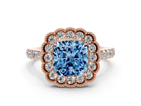 Fancy Blue Cushion Cut Cut Diamond Milgrain Floral Halo Engagement Ring with Pavé Band Rose gold
