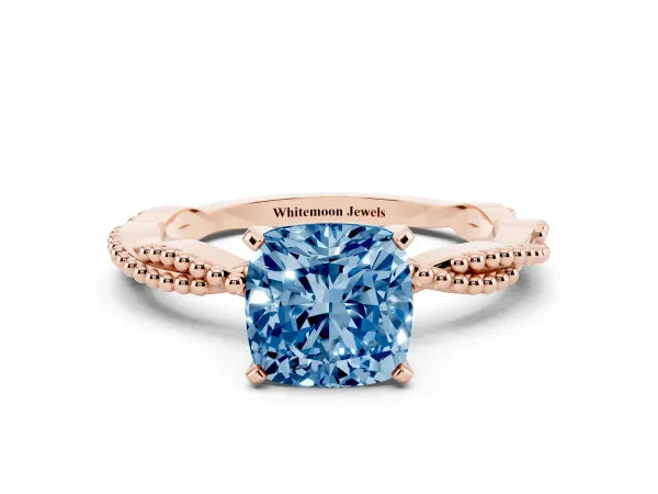 Fancy Blue Cushion Cut Solitaire Twisted Band with Bead Prong Setting Rose gold