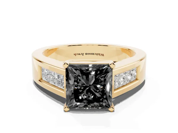 Fancy Black Princess Cut Cut Channel Set Solitaire Ring with Four-Prong Setting Yellow gold