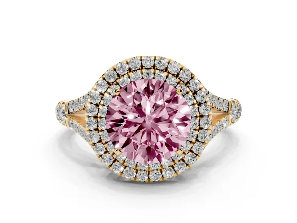 Fancy Pink Round Cut Cut Double Halo Split Shank Diamond Ring with Prong Setting Yellow gold