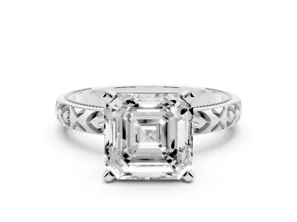 Asscher Cut Solitaire Diamond Engagement Ring with XO Engraved Band and Four-Prong Setting White gold