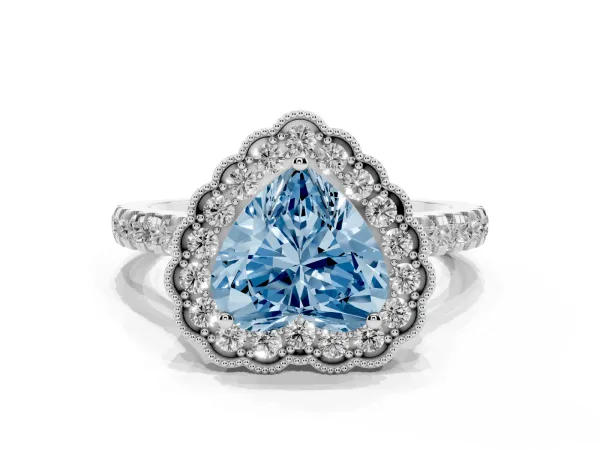 Fancy Blue Heart Cut Cut Diamond Milgrain Floral Halo Engagement Ring with Pavé Band White gold