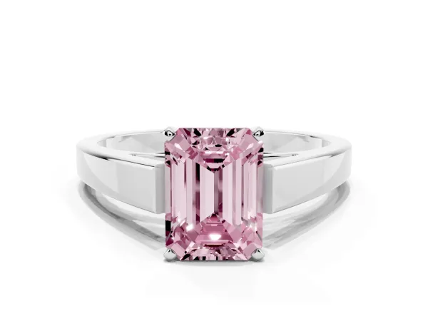 Fancy Pink Emerald Cut Solitaire Engagement Ring with Four-Prong Setting and Tapered Band Platinum