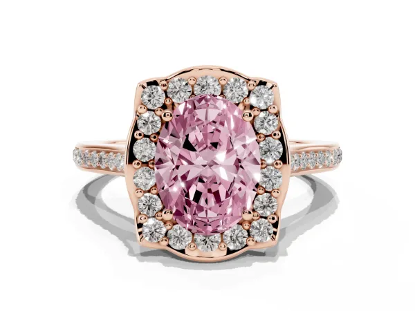 Fancy Pink Oval Cut Halo Round Diamond Pave Band with Four-Prong Setting Rose gold