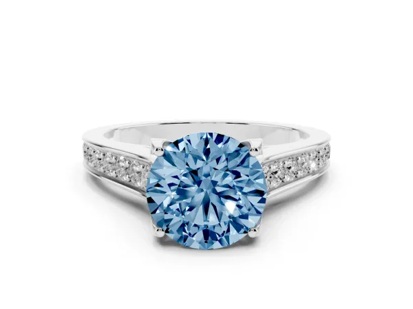 Fancy Blue Round Cut Brilliant Cut Diamond Engagement Ring with Pavé Band and Four-Prong Setting Platinum