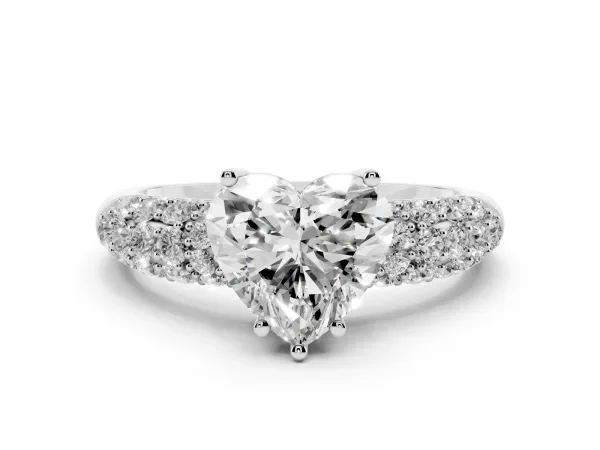 Heart Cut Diamond Pavé Band Solitaire Ring with Four-Prong Setting White gold