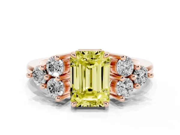 Fancy Yellow Emerald Cut Brilliant Diamond Cluster Accent Solitaire Ring with Prong Setting Rose gold