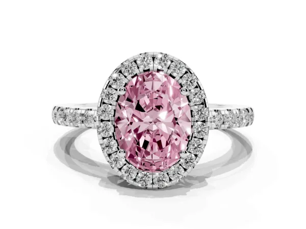 Fancy Pink Oval Cut Halo Diamond Engagement Ring with Pavé Band and Four-Prong Setting White gold