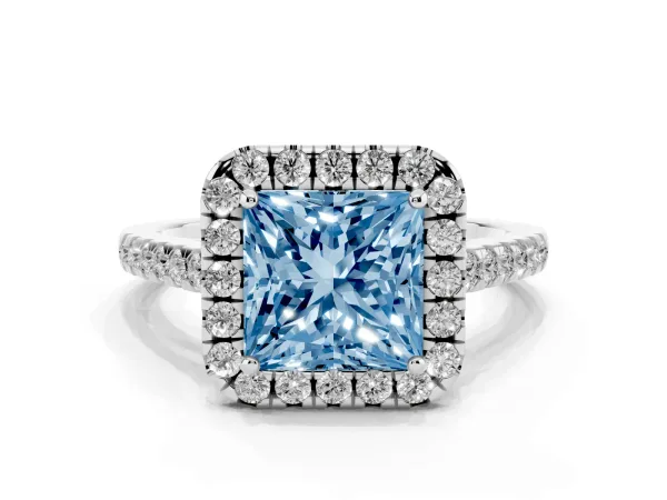 Fancy Blue Princess Cut Halo Pavé Diamond Engagement Ring with Four-Prong Setting White gold