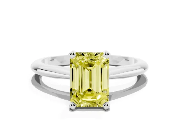 Fancy Yellow Emerald Cut Cut Solitaire Ring with Four-Prong Setting on a Classic Band Platinum