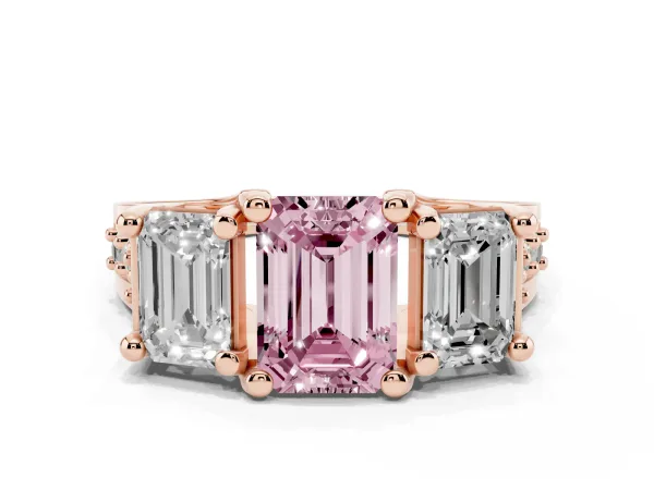 Fancy Pink Emerald Cut Diamond Three-Stone Ring with Channel Set Band and Four-Prong Setting Rose gold