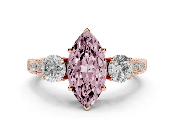 Fancy Pink Marquise Cut Three-Stone Diamond Ring with Pavé Band and Four-Prong Setting Rose gold