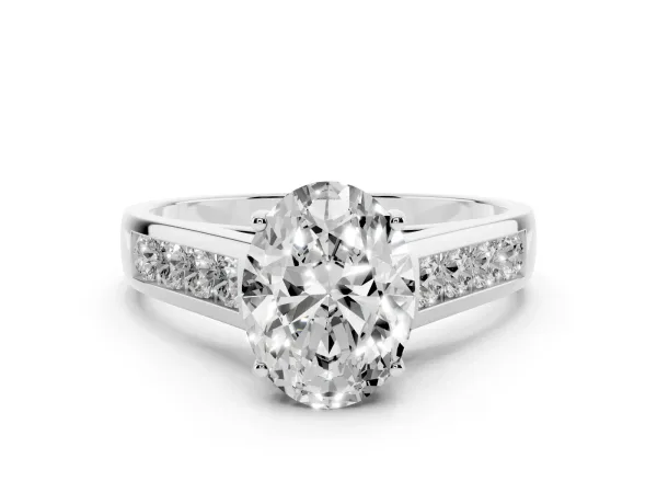Oval Cut Solitaire Channel-Set Diamond Engagement Ring with Four-Prong Setting White gold