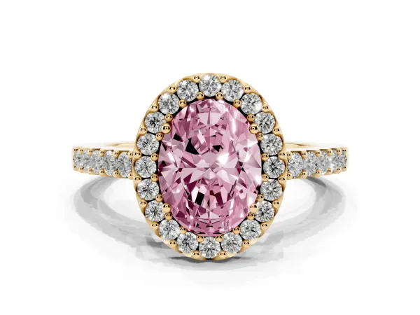 Fancy Pink Oval Cut Halo Diamond Pavé Solitaire Ring Yellow gold