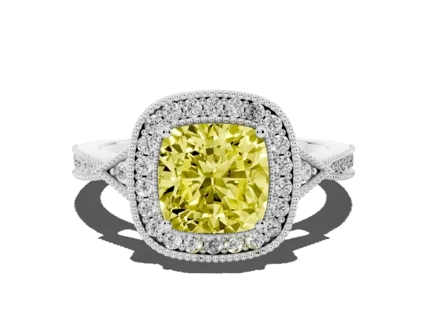 Fancy Yellow Cushion Cut Halo Round Diamond Milgrain Pave Engagement Ring White gold