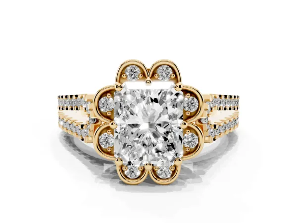 Radiant Cut Halo Diamond Floral Split Shank Engagement Ring Yellow gold