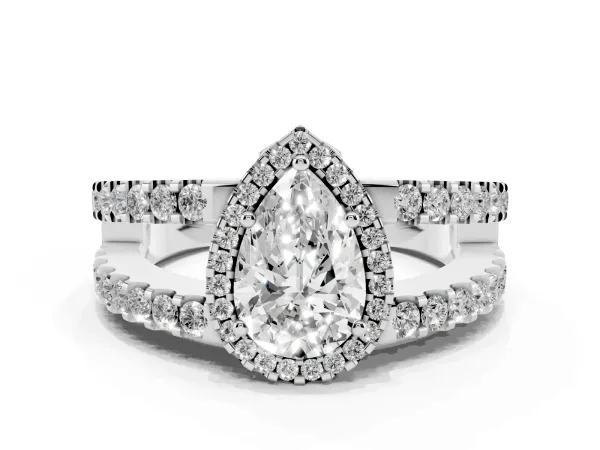 Pear Cut Cut Halo Split Shank Diamond Ring with Four-Prong Setting White gold