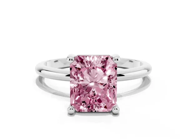 Fancy Pink Radiant Cut Solitaire Diamond Ring with 4-Prong Setting on a Classic Band Platinum