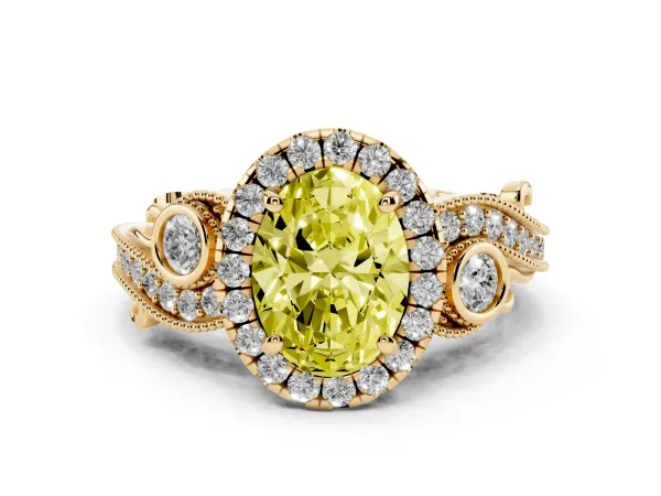 Fancy Yellow Oval Cut Halo Diamond Ring with Milgrain and Bezel Accents on a Split Shank Band Yellow gold