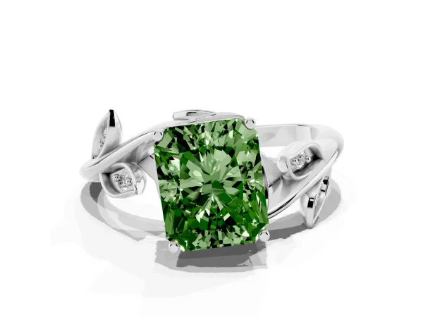 Fancy Green Radiant Cut Solitaire Twist Engagement Ring with Leaf Accents and Prong Setting White gold