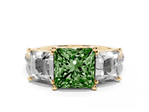 Fancy Green Three-Stone Princess Cut Diamond Ring with Round Pavé Band and Prong Setting Yellow gold