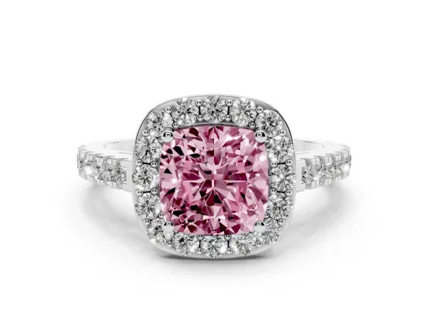 Fancy Pink Cushion Cut Diamond Halo Ring with Round Pavé Split Shank and Prong Setting White gold