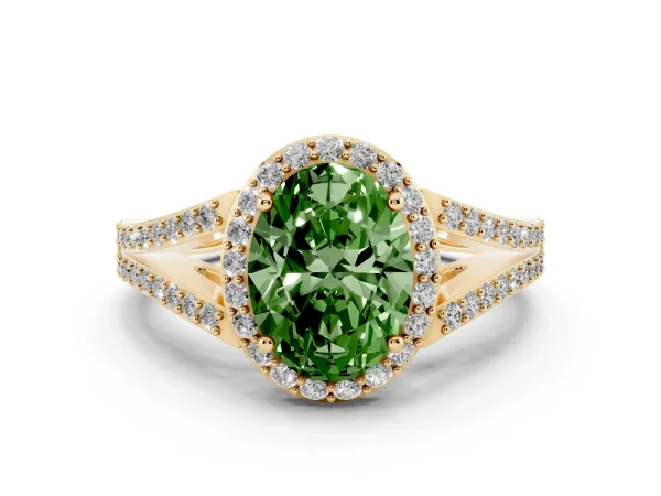 Fancy Green Oval Cut Halo Split Shank Pave Diamond Ring with Four-Prong Setting Yellow gold